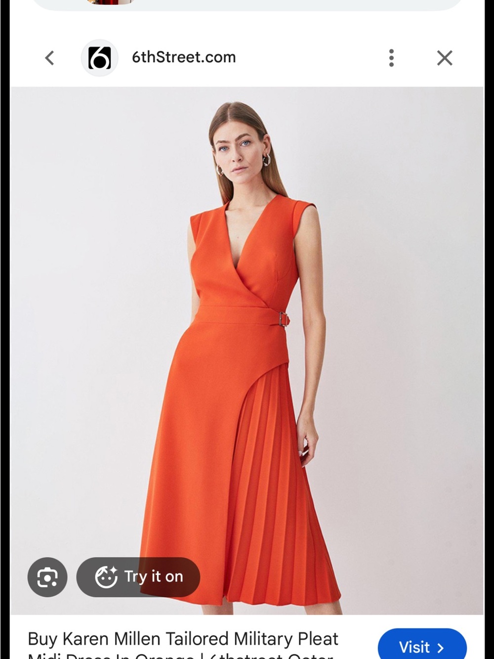 Karen Millen Orange V‑Neck Pleated Wrap Midi Dress Military style pleats at the